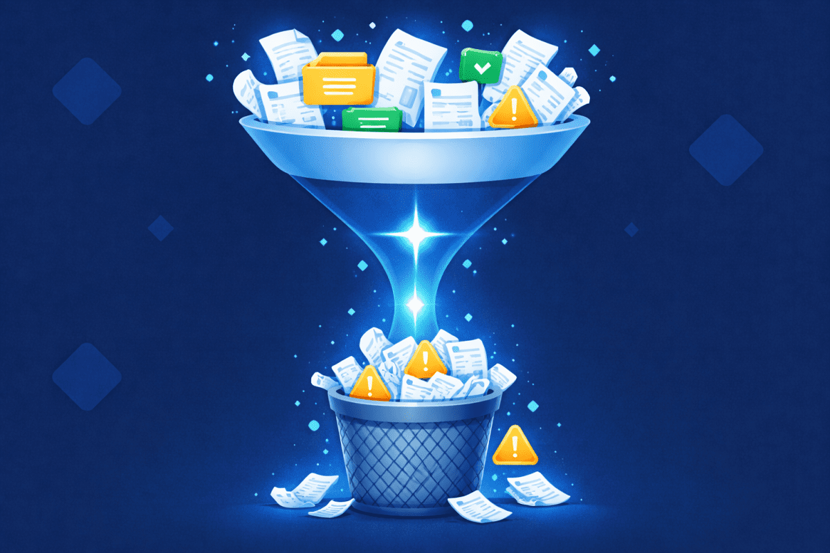 Illustration of messy unorganised documents being poured into a funnel with an AI sparkle in the middle, overflowing into a rubbish bin below. Garbage in, garbage out when deploying Copilot without data preparation.