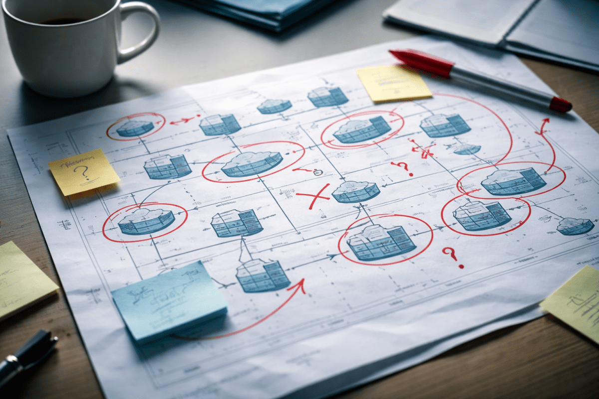 A printed architecture diagram on a desk covered in red pen corrections, question marks, and conflicting sticky note annotations. The visual evidence of architectural rework.
