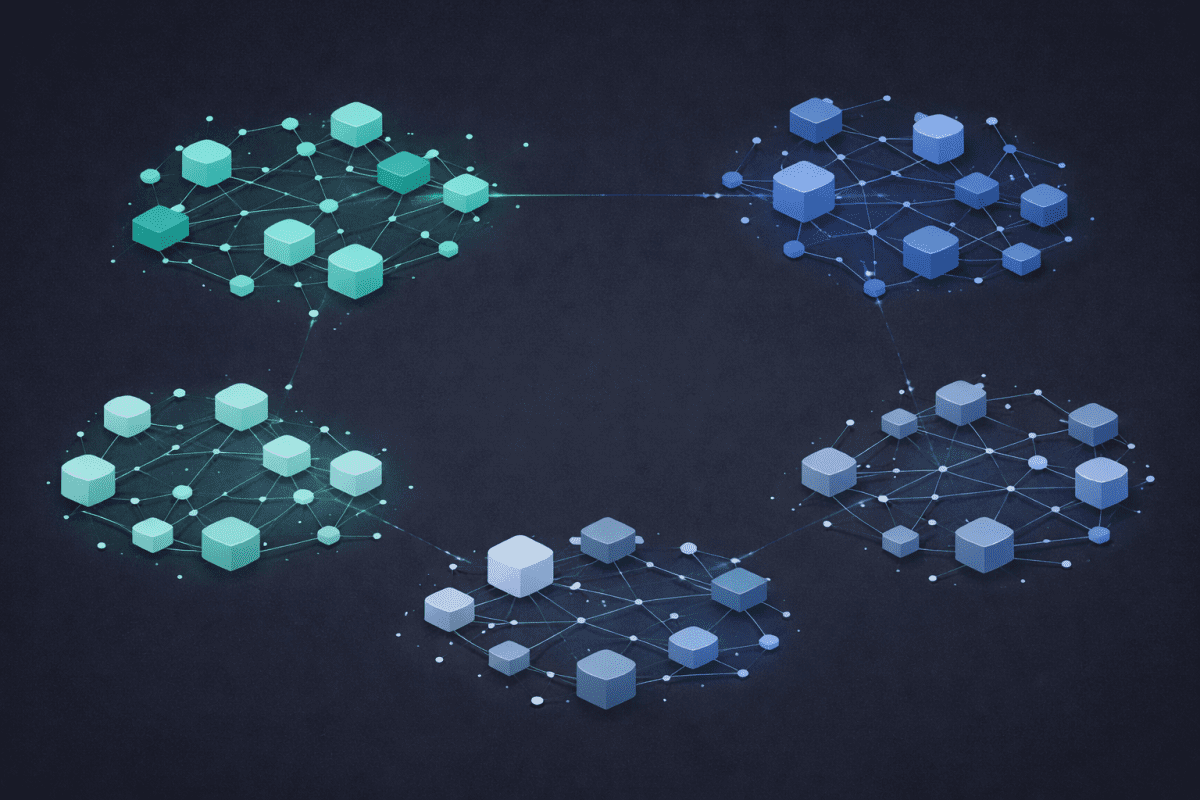 Abstract illustration of five architecture domain clusters, each internally connected but with no links between them, representing siloed enterprise architecture functions.