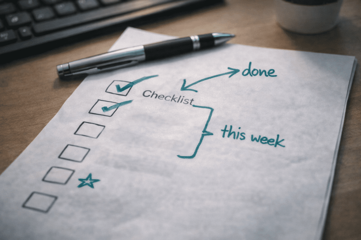 A printed checklist on a desk with hand-drawn teal marker annotations. First item ticked, second mid-stroke, handwritten notes radiating outward. Governance implementation in motion.